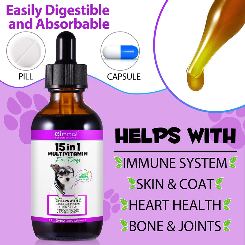 Dog Multivitamin - 15 in 1 Multivitamin Drops for Dogs, Dog Vitamins with Glucosamine Cranberry Supports Joint & Digestion, Skin & Coat, Pets Supplements for Dogs of All Ages, Bacon Flavor - 2 Fl Oz Purple-15 in 1 Multivitamin - PawsPlanet Australia