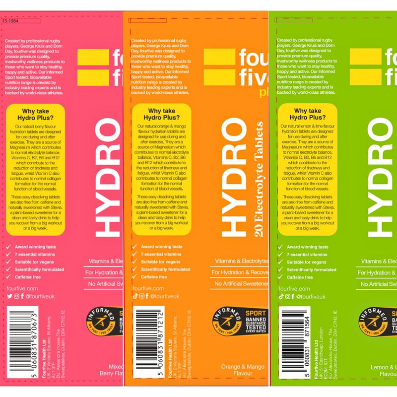 fourfive Hydration Tablets (Starter Pack) Low Calorie Vitamin Electrolytes, Vegan, Magnesium & Calcium, Sports Hydration - 3x20 Effervescent Tablets