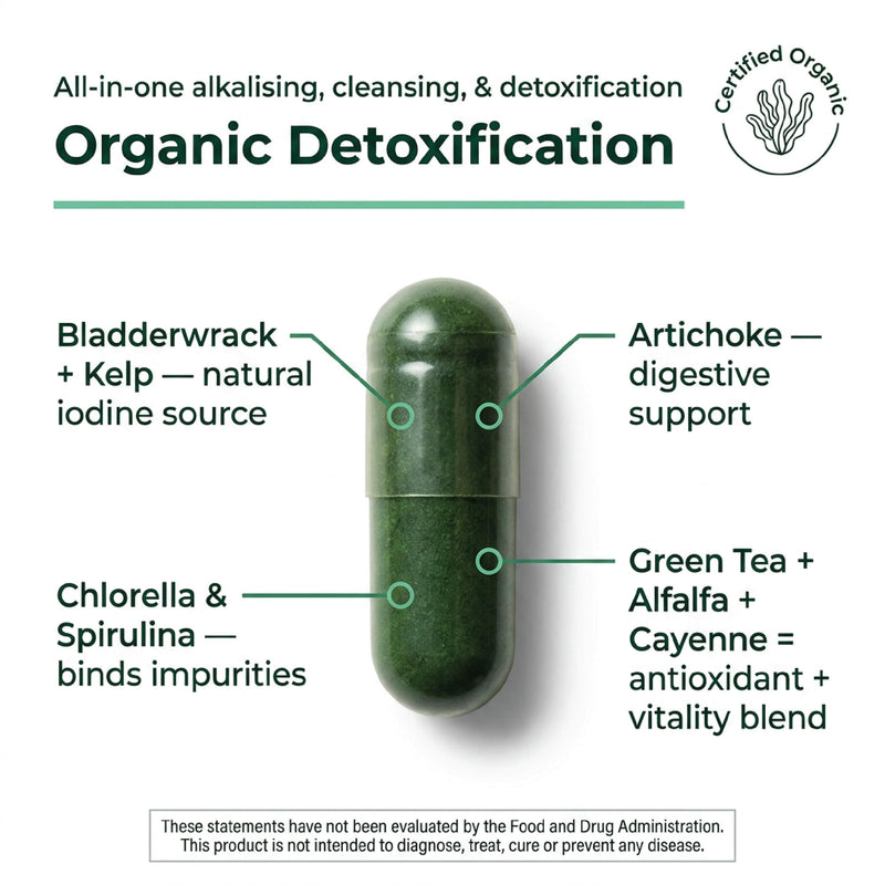 Heavy Metal Detox Cleanse Organic Complex Bladderwrack Seaweed, Iodine, Sea Kelp, Chlorella Spirulina Capsules, Artichoke, Green Tea, Alfalfa, Cayenne Pepper 100 Super Greens Powder Tablets Adults