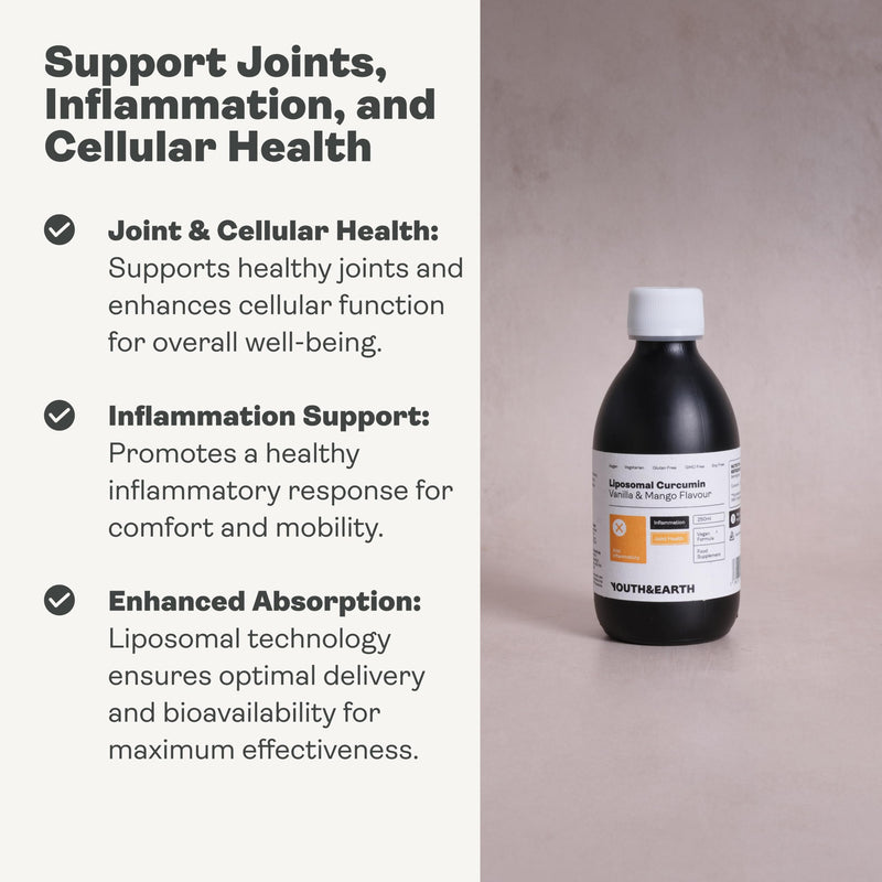 Youth & Earth Liposomal Curcumin Supplements Liquid 250ml – Powerful Anti Inflammatory Supplement for Joint & Cellular Health – Pure Vegan Formula with Vanilla & Mango Flavor – 200mg per Serving