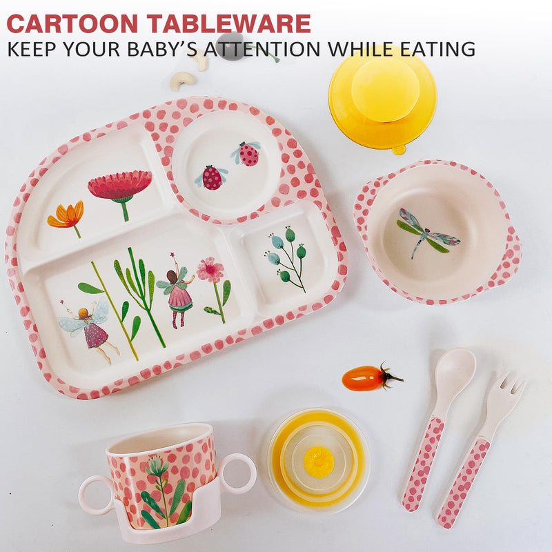 [Australia] - shopwithgreen 7Pcs/Set Bamboo Kids Dinnerware Set - Children Dishes - Food Plate Bowl Cup Spoon Fork Set Dishware, Cartoon Tableware, Dishwasher Safe Kids Healthy Mealtime, BPA Free Flower 