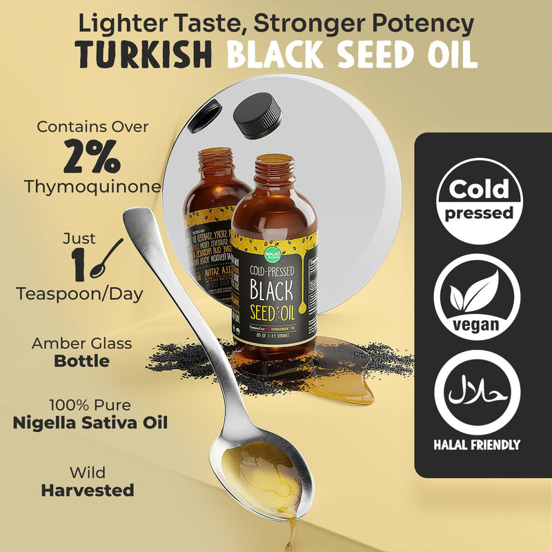 [Australia] - MAJU Black Seed Oil - 3 Times Thymoquinone, Cold-Pressed, 100% Turkish Black Cumin Seed Oil, Liquid Pure Blackseed Oil, Glass Bottle, 8 oz 8 Fl Oz (Pack of 1) 