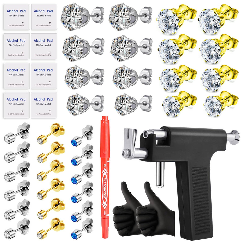 Self Ear Piercing Gun Kit-Professional Salon and Home Use Peircings Gun Tools Kit With 17 Pairs of Diamond Stud Earrings Set For Ear Nose Lip Piercing Black