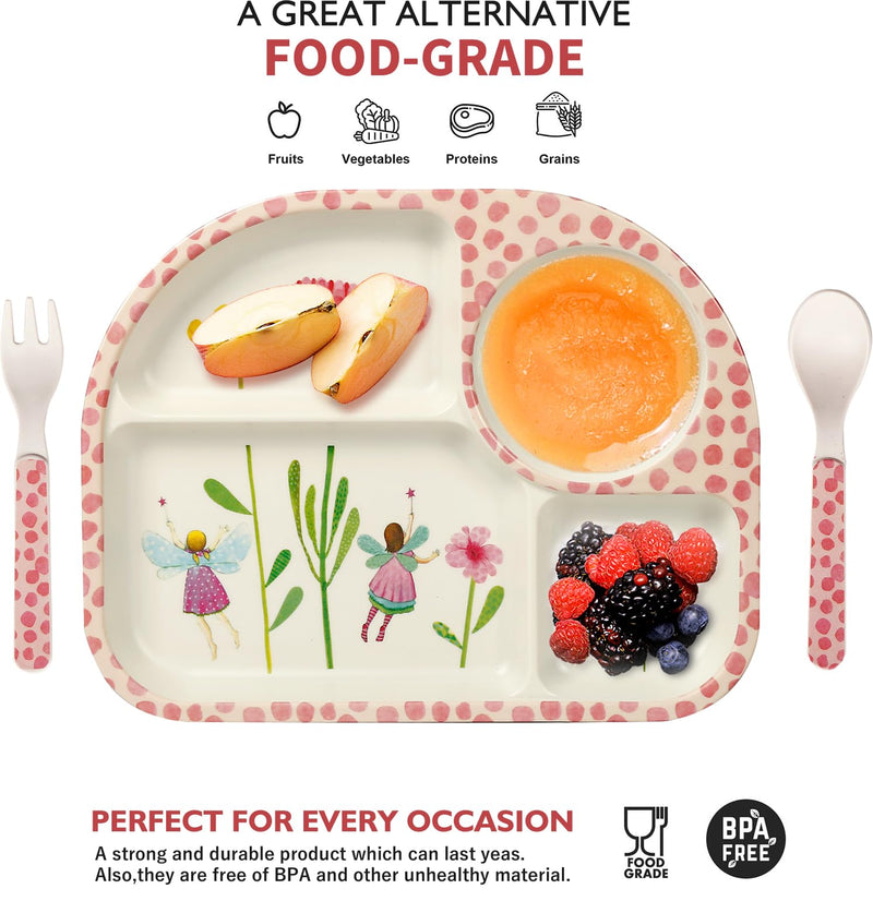 [Australia] - shopwithgreen 7Pcs/Set Bamboo Kids Dinnerware Set - Children Dishes - Food Plate Bowl Cup Spoon Fork Set Dishware, Cartoon Tableware, Dishwasher Safe Kids Healthy Mealtime, BPA Free Flower 