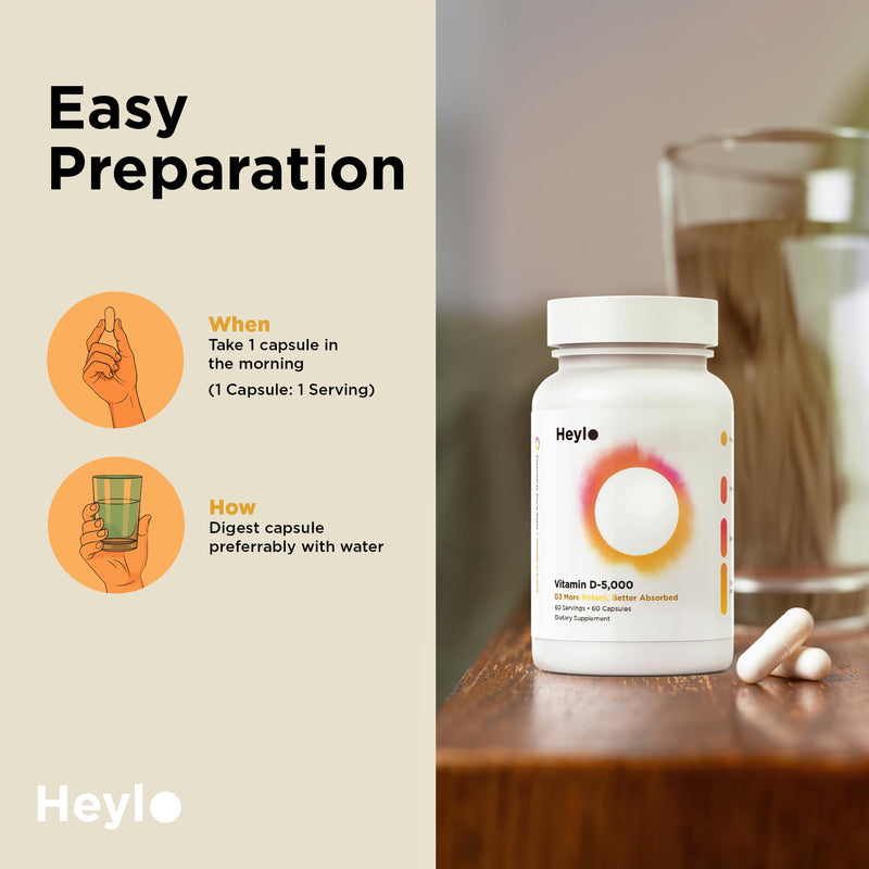 Heylo Vitamin D3 5000 IU (125 mcg) – High-Potency Vitamin D Supplement for Immune Support, Bone Strength & Mood – 60 Capsules (2-Month Supply) – Easy-to-Swallow, Non-GMO, Gluten-Free, Made in USA