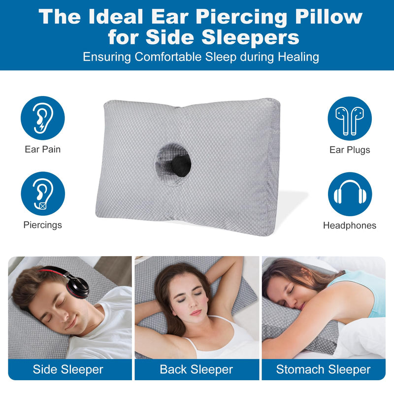 [Australia] - Ear Piercing Pillow for Side Sleepers with a Big Hole, Adjustable Height Ear Pillows for Ear Pain CNH, Pain Relief Sleeping, Skin-Friendly & Washable Pillowcase (20 x 13 x 4.5 inches - Gray) 
