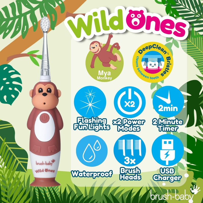 [Australia] - brush-baby WildOnes™ Rechargeable Kids Electric Toothbrush – Monkey | Flashing Lights, 2-Min Timer, Waterproof, 3 Brush Heads | Toddler & Child Toothbrush Ages 0-10 | Soft Bristles 