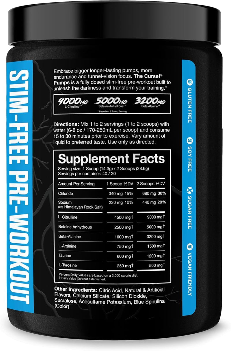 JNX The Curse! Pump – Stim-Free Pre-Workout | Blue Raspberry 40 Serves | Caffeine-Free Pump Pre Workout, Non-Stim Nitric Oxide Preworkout for Men & Women (572 g, Blue Raspberry) 572 g