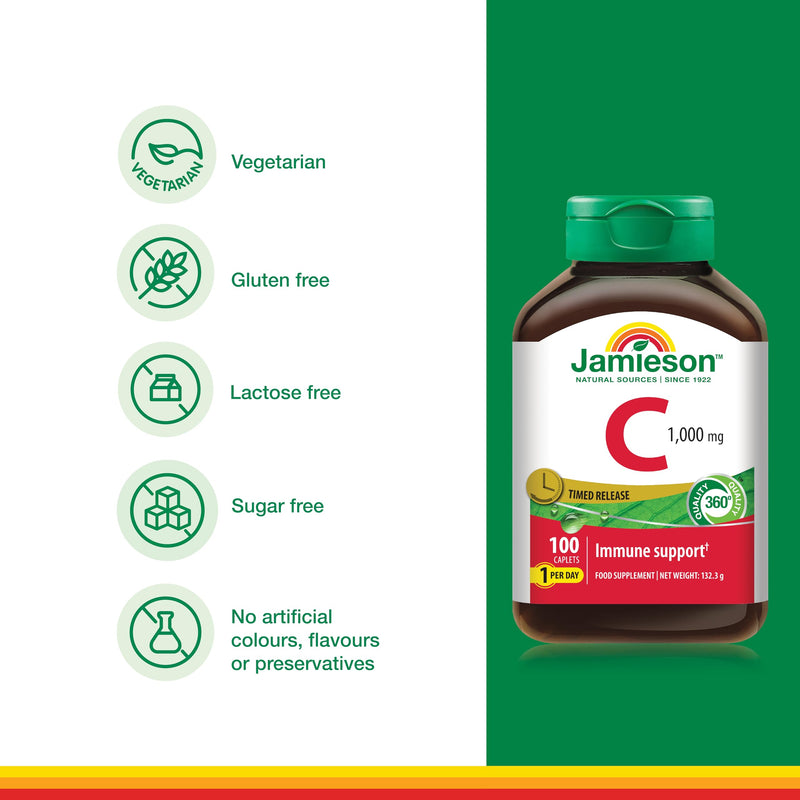 Jamieson Vitamin C 1000 mg Timed Release, Sustained Release, Vitamin C Supplement, Supports Immune Health, Collagen Formation for Healthy Skin, Teeth and Bones. 100 Caplets, 1-A-Day