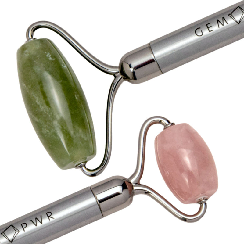 [Australia] - Rose Quartz + Jade Roller for Face and Neck Massage, Dual Gemstones with Durable Steel Handle and Travel Bag. Minimize Wrinkles, Reduce Puffiness and Restore Skin's Elasticity and Radiance Jade + Rose Quartz 