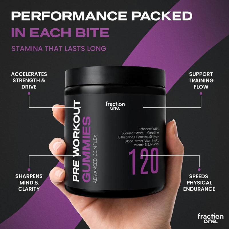 Fraction One Pre Workout Gummies - 120 Gummies - Energy Focus Support Complex With Guarana, L Theanine, L Citrulline, Vitamins B6, B12 & Niacin Performance & Endurance - Berry - Vegan - 60 Days Supply
