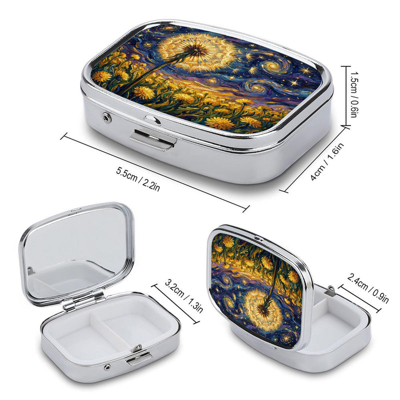 Metal 2 Compartment Pill Organizer, Portable Travel Pill Box for Vitamins, Supplements and Medication, Compact Pocket Pill Case for Purse, Wallet, Backpack and Daily Use (Oil Painting of Dandelions) Oil Painting of Dandelions