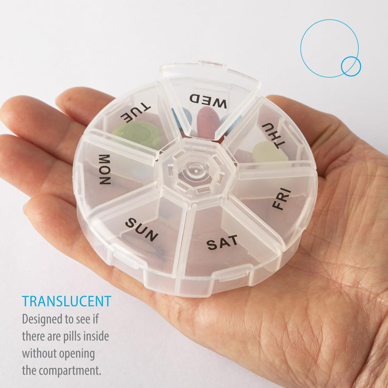 Deke Home - Round Portable Pill Box, Medicine Planner, Small 7 Day Weekly Travel Container, Medication, Vitamin Holder, Pillbox Organizer, Pill Dispenser, Daily Sorter & Reminder, BPA Free Clear 1 Count (Pack of 1)