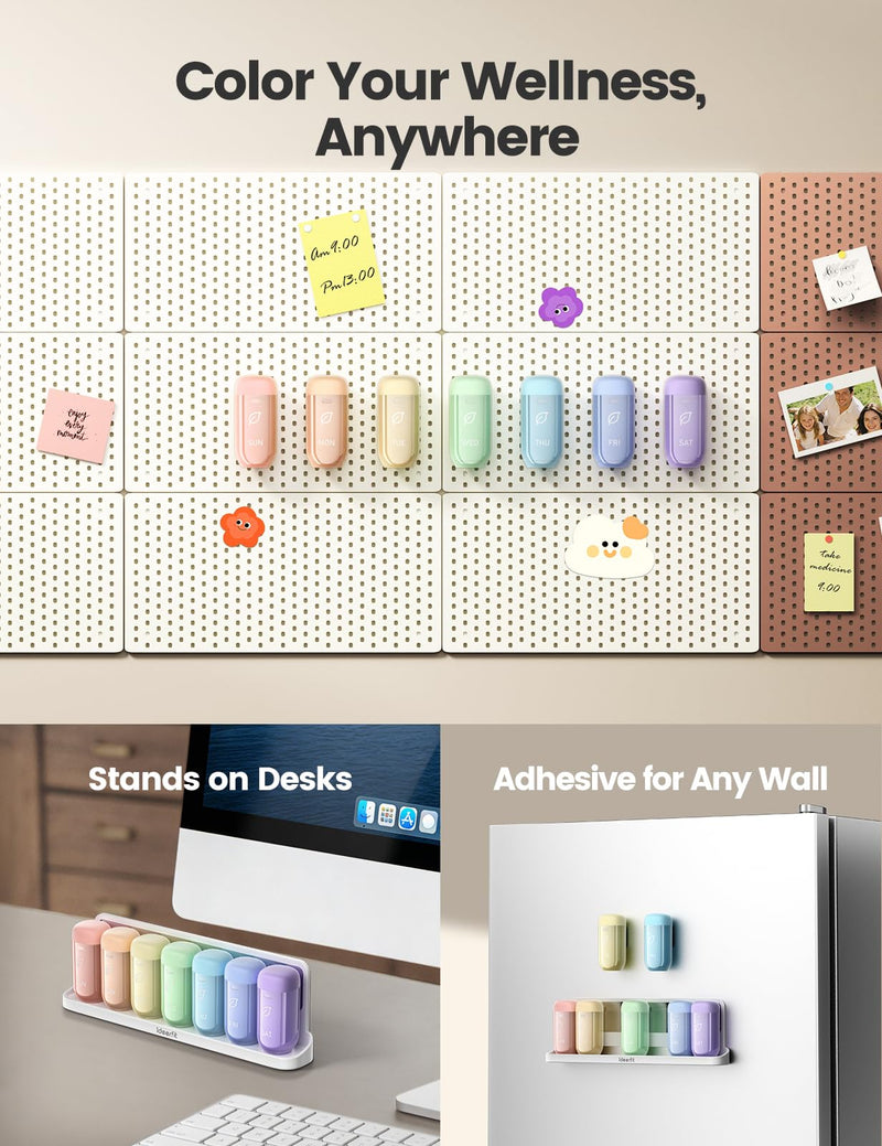 Weekly Magnetic Pill Organizer, 7 Day Once Daily, Removable Cases | Airtight Silicone Seals, Moisture-Proof, Contains 14 Desiccant Packs, Large Capacity for Vitamins and Supplements, Rainbow