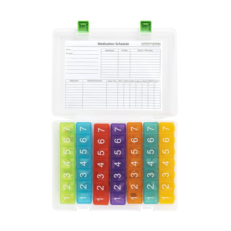 e-Pill 7 Times a Day x 7 Day Weekly Pill Organizer with Magnetized Medication Chart & Dry Erase Pen – Large Rainbow Pill Box, Vitamin & Medicine Organizer with Storage Case