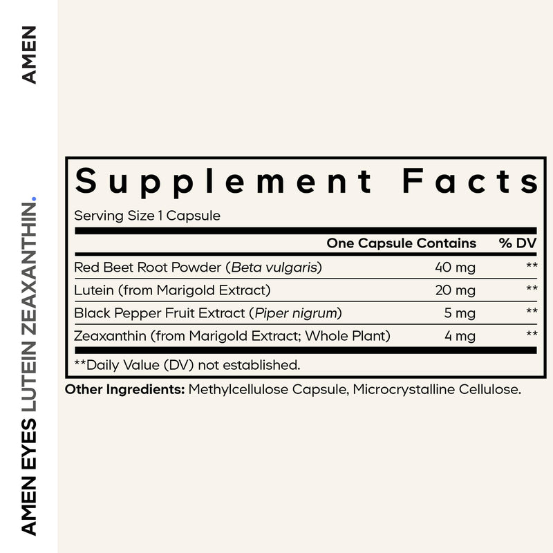 Amen Eyes Lutein Zeaxanthin, Marigold Extract, Beet Root, 90 Capsules | Lutein and zeaxanthin from marigold with red beet root and black pepper. Three-month supply. Vegan, non-GMO.