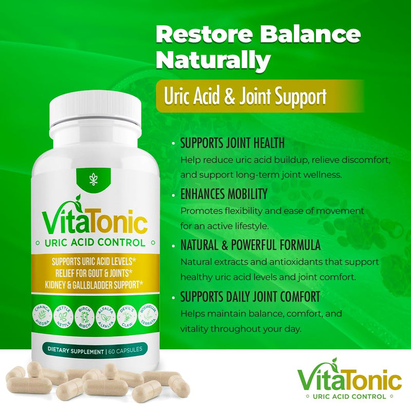 – Vitatonic Uric Acid Balancing Aid for Both Genders - Herbal Joint Care Detox Solution – Enhance Mobility - GMO-Free, Gluten-Free - 60 Capsules. (1) 1