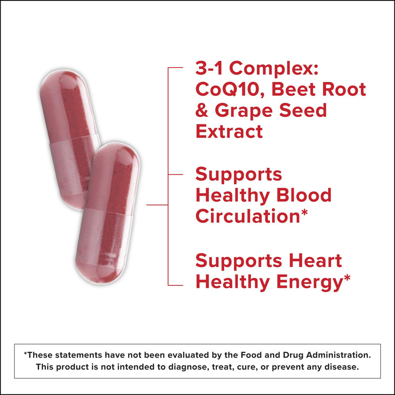 Qunol 3-in-1 Beet Roots Capsules with CoQ10, Blood Pressure Support, 60ct | Supports Healthy Blood Circulation & Heart Healthy Energy, From the #1 Brand of CoQ10, Vegetarian, No Synthetic Dyes Unflavoured 60 Count (Pack of 1)