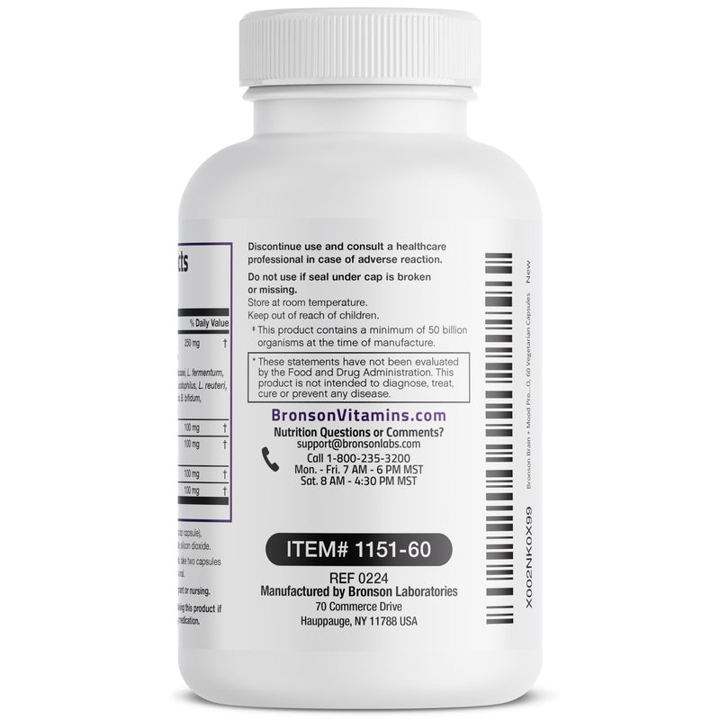 Bronson Brain + Mood Probiotic 50 Billion CFU + Prebiotic, 60 Capsules | 16 Freeze-Dried Strains with L-Theanine, Bacopa & Rhodiola, Digestive & Immune Support, Non-GMO, Gluten-Free & Soy-Free