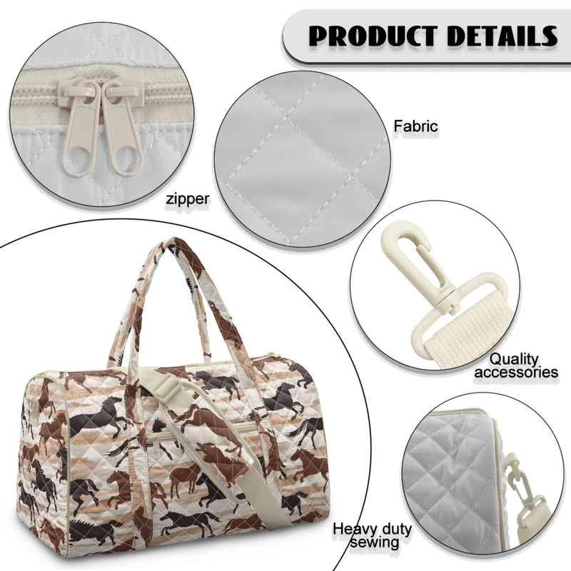 Horse Design Large Men Women Travel Duffle Bag, Quilted Carry on Bags with Adjustable Straps for Overnight Weekend Yoga Gym Business Trips and Sport Horse Design
