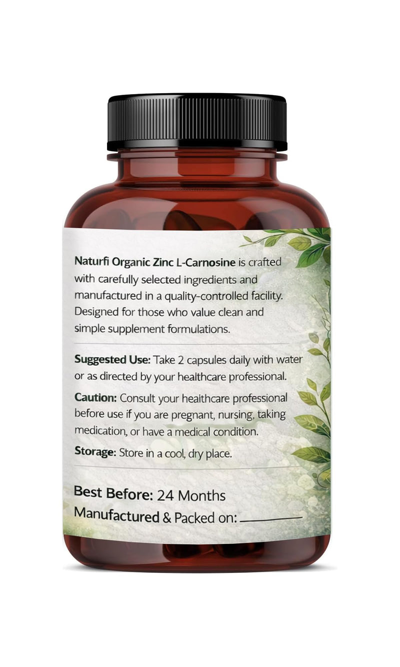 Naturfi Organic Zinc L-Carnosine Supplement 75mg Per Serving – High Potency Zinc Carnosine Capsules – Premium Quality Daily Zinc Complex – Easy to Swallow (120 Capsules (Pack of 1)) 120 Capsules (Pack of 1)