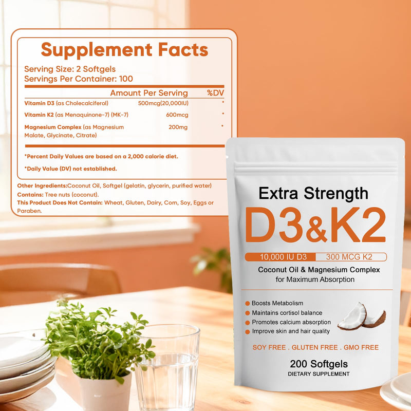 D3 K2 Magnesium Supplement, D3 K2 Vitamin 10000 IU Softgels, Promote Calcium Absorption, Cortisol Balance, Boost Metabolism, Extra Strength Triple Magnesium & Coconut Oil, 200 Softgels (1) (1) 1