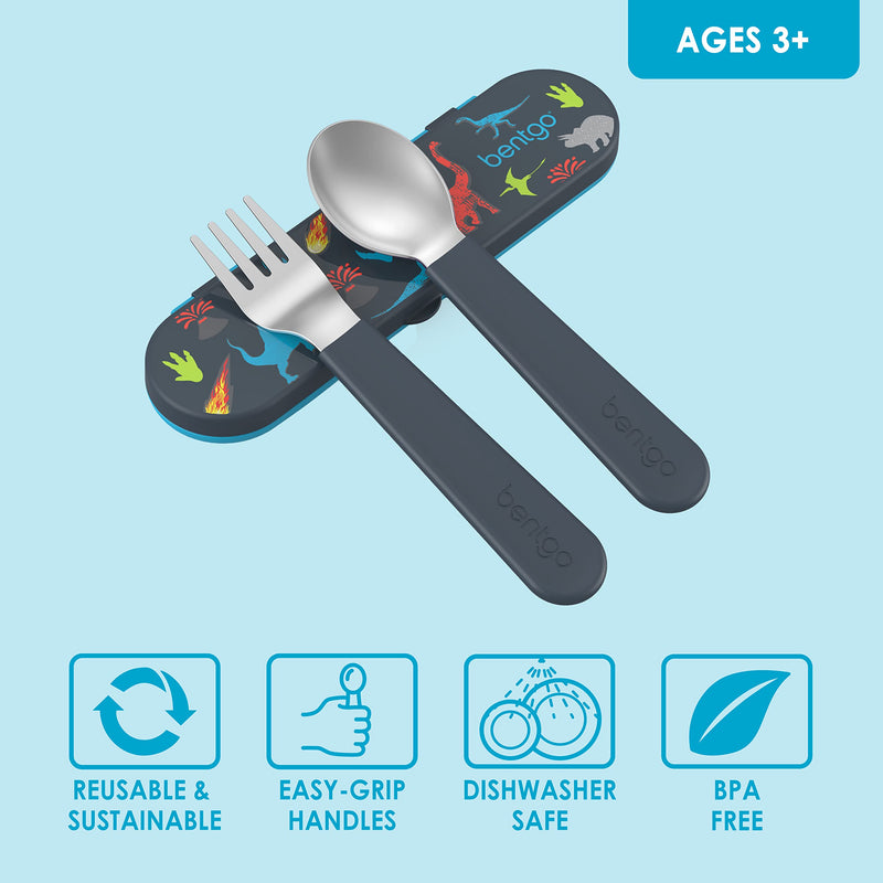 [Australia] - Bentgo Kids Stainless Steel Utensil Set - Reusable Fork, Spoon & Storage Case - High-Grade BPA-Free Stainless Steel, Easy-Grip Handles, Dishwasher Safe for School Lunch, Travel & Outdoors (Dinosaur) Dino 