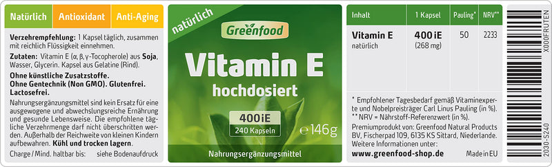 [Australia] - High-dose vitamin E - vitamin E with 400 iU per day (240 soft gels) - tocopherol supports the protection of cells from oxidative stress - without additives, genetic engineering and laboratory tested - green food 