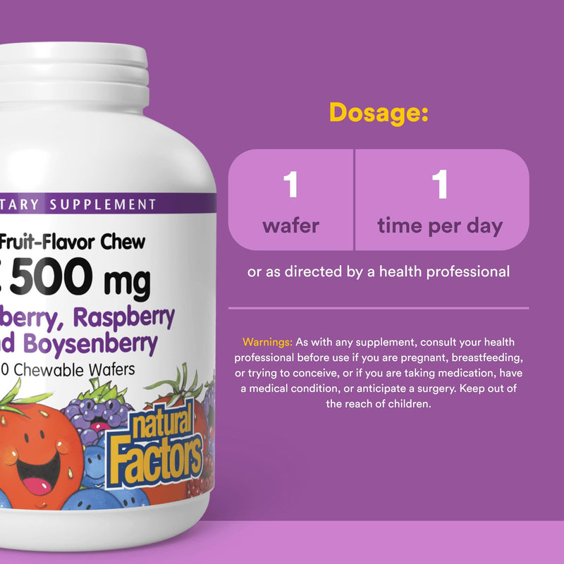 Natural Factors, Kids Chewable Vitamin C 500 mg, Supports Immune Health, Bones, Teeth and Gums, Blueberry, Raspberry and Boysenberry, 90 Count (Pack of 1) 90 Count (Pack of 1)