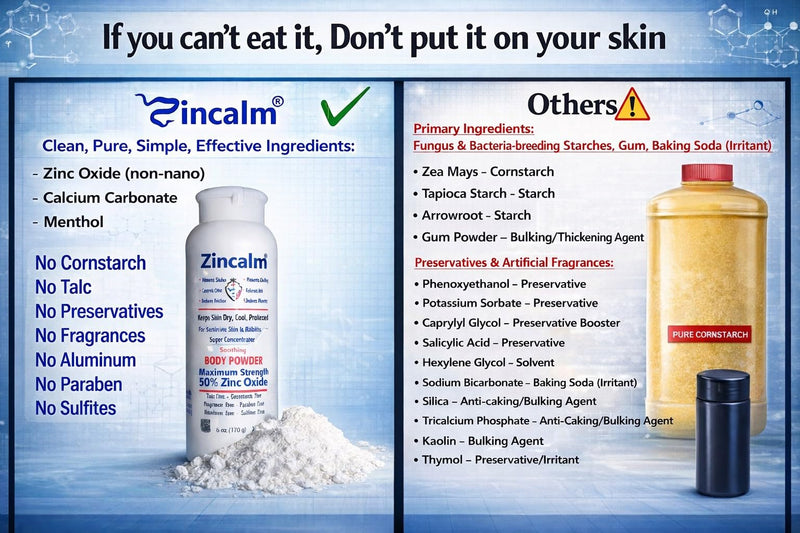 Zincalm All-Natural Body & Foot Powder, Concentrated 50% Zinc, Cornstarch-Free Moisture/Odor Absorbing Anti-Chafing/Friction, Itch Relief Formula for Dry/Cool Skin with Ultra-Pure Calcium & Menthol