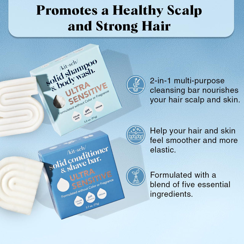 Kitsch 2-in-1 Ultra Sensitive Shampoo Bar & Body Wash + Conditioner Bar & Shaving Soap – Fragrance-Free Bar Soap for Sensitive Skin & Scalp - For Healthy, Radiant Hair and Skin - Made in USA – 2pcs