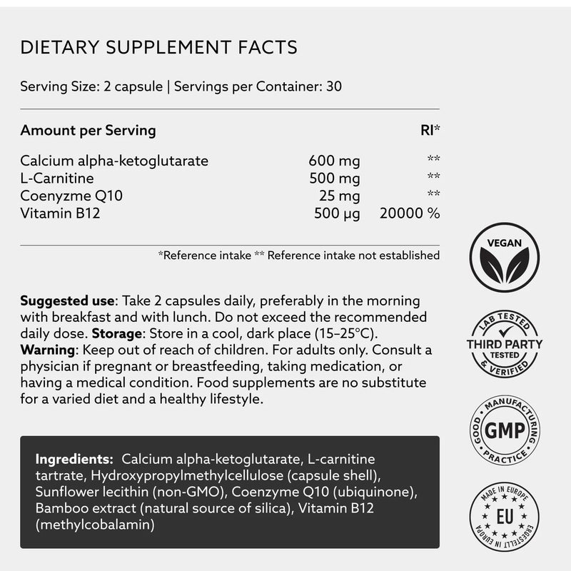 PUROVITALIS Calcium AKG (Ca-AKG) 600mg with L-Carnitine, CoQ10 & Vitamin B12, Bone Strength & Energy Supplement, 1-Month Supply (60 Vegan Capsules)