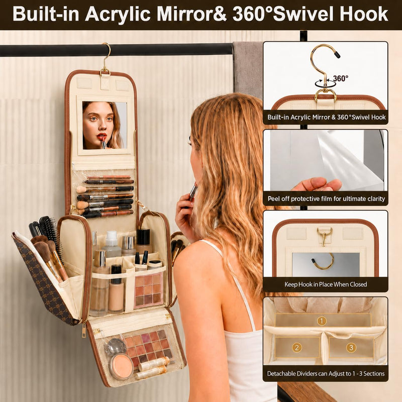 Women Travel Toiletry Bag Large Hanging Toiletry Bag with Mirror | Leather Makeup Bag Organizer with Removable Partition & Hook,Travel Cosmetic Organizer for Full-Size Toiletries Accessories Brown