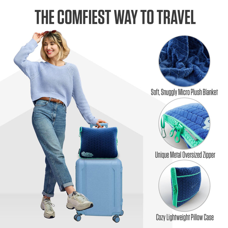 VENTURE 4TH Ultimate Travel Comfort Bundle: RFID Blocking Money Belt & Travel Blanket Pillow (Navy Money Belt & Navy-Teal Blanket/Pillow)