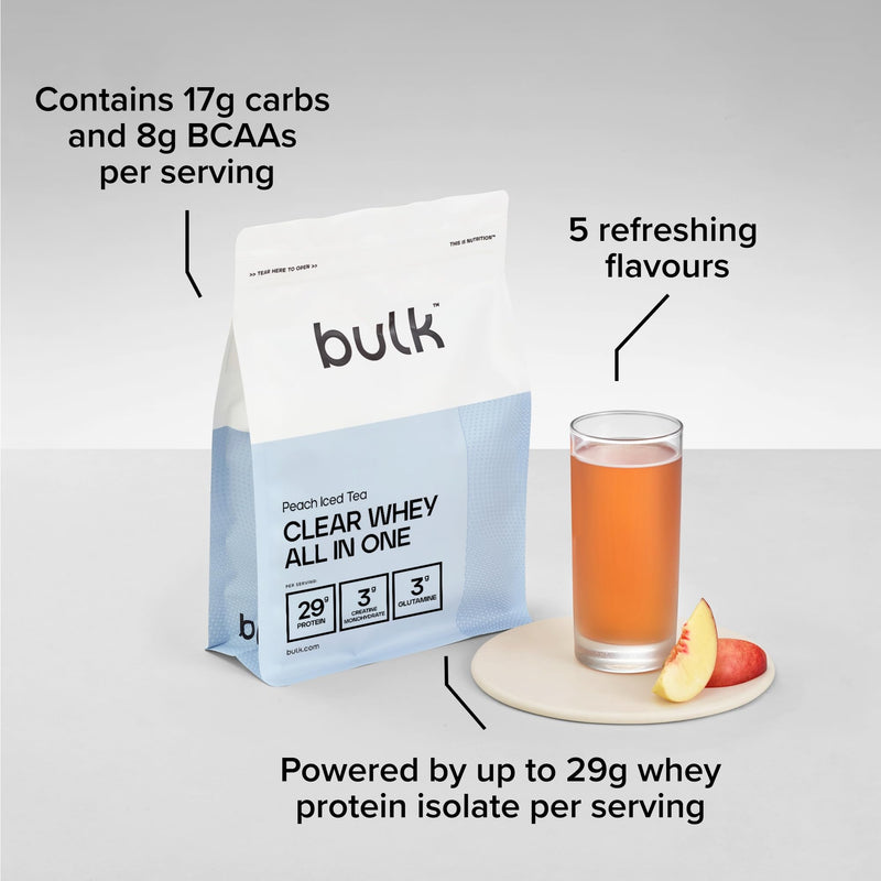 Bulk Clear Whey All in One, Protein Powder Shake with Creatine, Glutamine, BCAA, Carbohydrates, Peach Iced Tea, 500 g, 10 Servings, Packaging May Vary