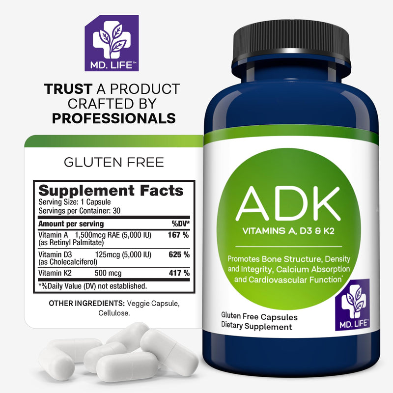 MD. Life ADK Vitamin Supplement, Vitamin D3 K2 and A, 30 Capsules, Non-GMO | High Potency Complex - Bone and Heart Health Support - Doctor Designed - Made in the USA - Gluten Free, Vegetarian 30 Count (Pack of 1)