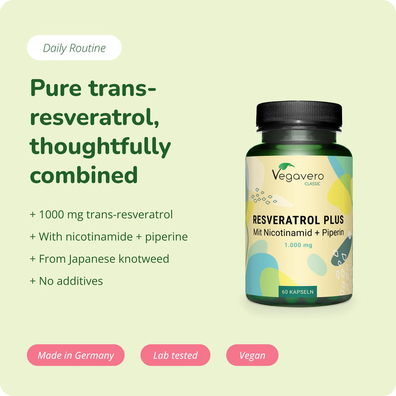 Vegavero Trans Resveratrol 98% 1000 mg | Natural Anti Aging & Skin Supplement | Pure from Japanese Knotweed | NO Additives | High Bioavailability with VIT B3 & Piperine | Lab Tested | Vegan