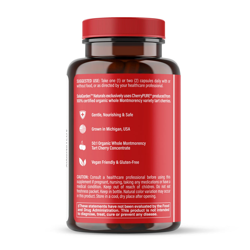 [Australia] - Super Strength Organic Montmorency Tart Cherry Supplement – 50:1 Concentrate Grown in The USA - Contains Certified Organic CherryPURE – by SolaGarden Naturals. 60 Non GMO Veggie Capsules. 