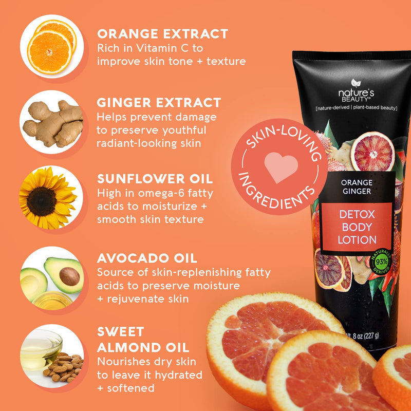 Nature's Beauty Orange Ginger Detox Body Lotion Multi-Pack - Lightweight, Non-Greasy Moisturizer, Improve Skin Tone+Texture Made w/Vitamin C, Sunflower + Almond + Avocado Oils 8 oz (2 Pack) 8 Ounce (Pack of 2)