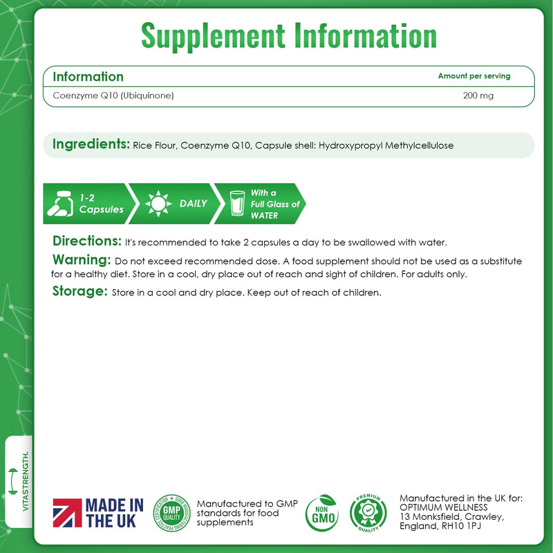 CoQ10 Supplement 200mg | 120 Vegan Co Enzyme Capsules | 2 Months Supply | Ubiquinone Form | High Absorption CoQ10 Supplements | Made in Britain | Non-GMO & Magnesium Stearate Free
