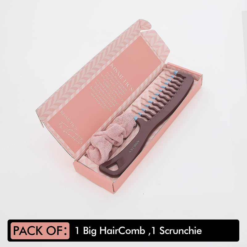 Big Hair Tools Extra Large Wide Tooth Comb for Thick, Curly, Wavy or Long Hair - Frizz-Free Detangling Shower Comb - Big Hair Comb and Microfiber Scrunchie Huckleberry