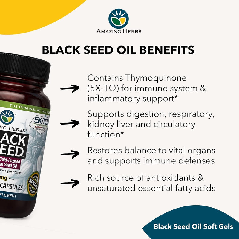 [Australia] - Amazing Herbs Premium Black Seed Oil Capsules - Gluten Free, Non GMO, Cold Pressed Nigella Sativa Aids in Digestive Health, Immune Support, Brain Function - 90 Count, 500mg (Pack of 2) 