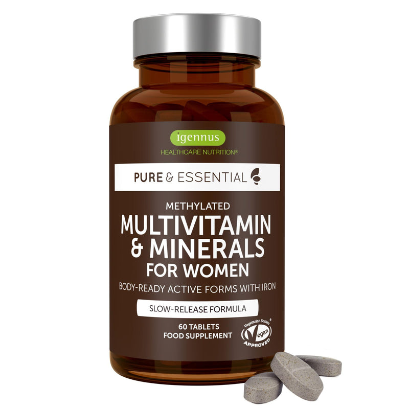 Igennus Methylated Women's Multivitamin with Gentle Iron, 21 Active Nutrients, Pure & Clean, All Day Nutrient Delivery, High Strength B-Vitamins, Easy-to-Swallow, 60 Vegan Tablets, 30 Servings 60 count (Pack of 1) For Women