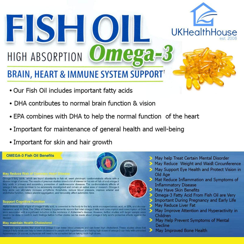 UKHealthHouse Omega 3 Fish Oil Supplement for Heart & Brain Health – High Strength 18/12-1000mg with DHA & EPA | Omega-3 Fatty Acids Fish Oil | Premium Nutritional Support – 180 Softgels 180 count (Pack of 1)