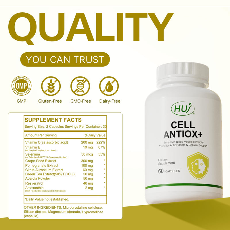 HUJ Cell Antiox+ Supplement - Superior Antioxidants & Cellular Support - Contains Grape Seed Extract, Pomegranate Extract, Resveratrol, and Vitamins C and E - 60 Capsules