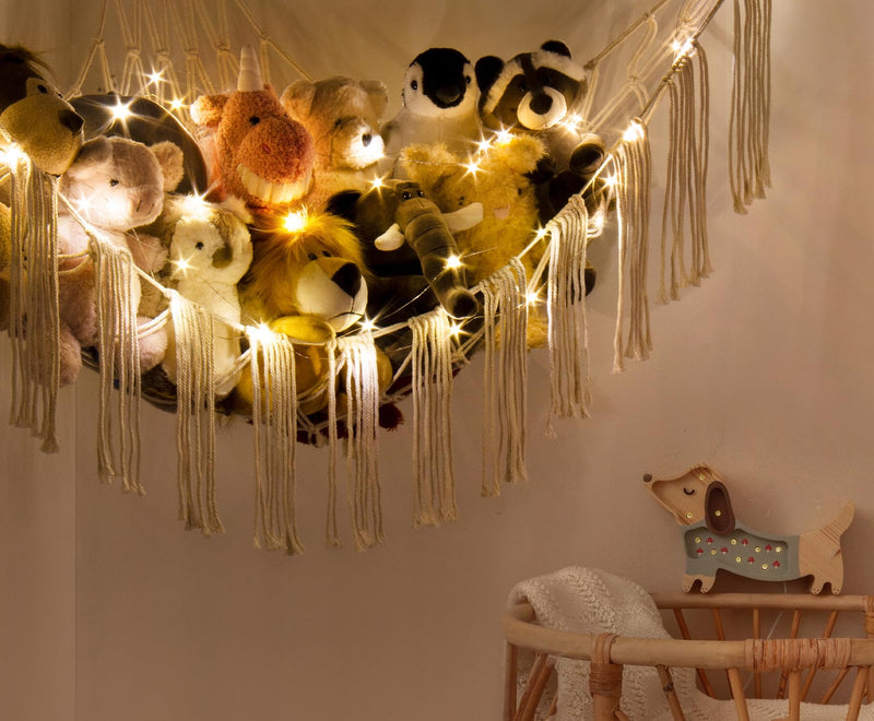 [Australia] - Stuffed Animal Hammock Corner with LED Light - Toy Storage Hammock Plushie Net Large - Cute Stuff Animals Holder Hanging Organizer - Baby Room Decor Kids Toddler Nursery Bedroom Boho Beige Large(43"*43"*56") 