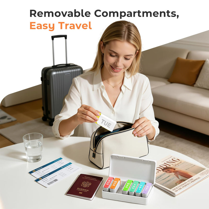 Betife Travel Pill Organizer, Weekly Pill Organizer for 1 Time a Day with Easy Sliding Drawers, Large Pill Box with Airtight Seals for Supplements and Vitamins, White