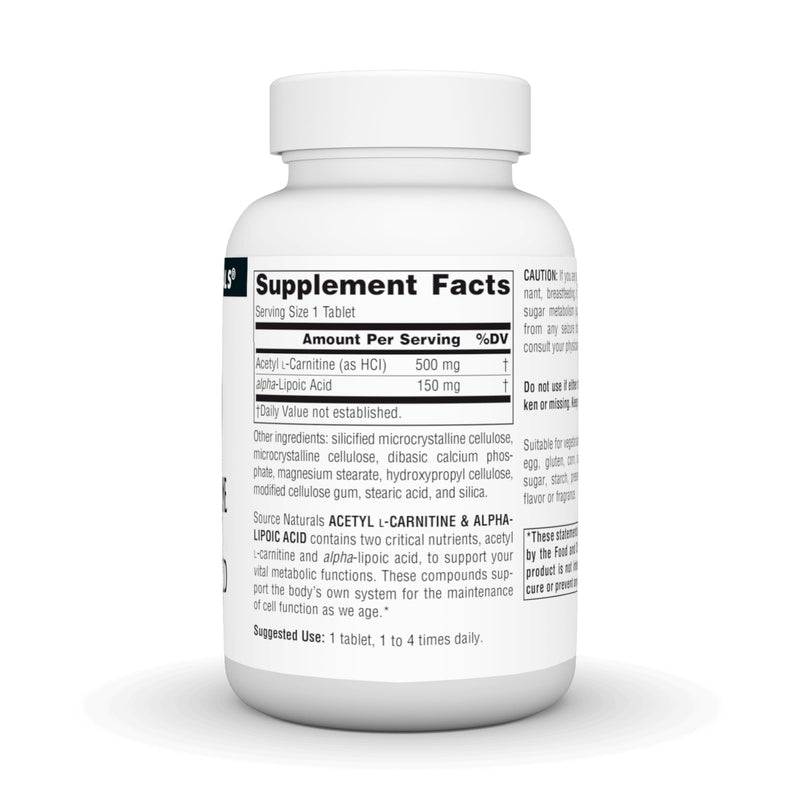 [Australia] - Source Naturals Acetyl L-Carnitine & Alpha-Lipoic Acid, for Cellular Vitality*, 650mg - 60 Tablets 60 Count (Pack of 1) 