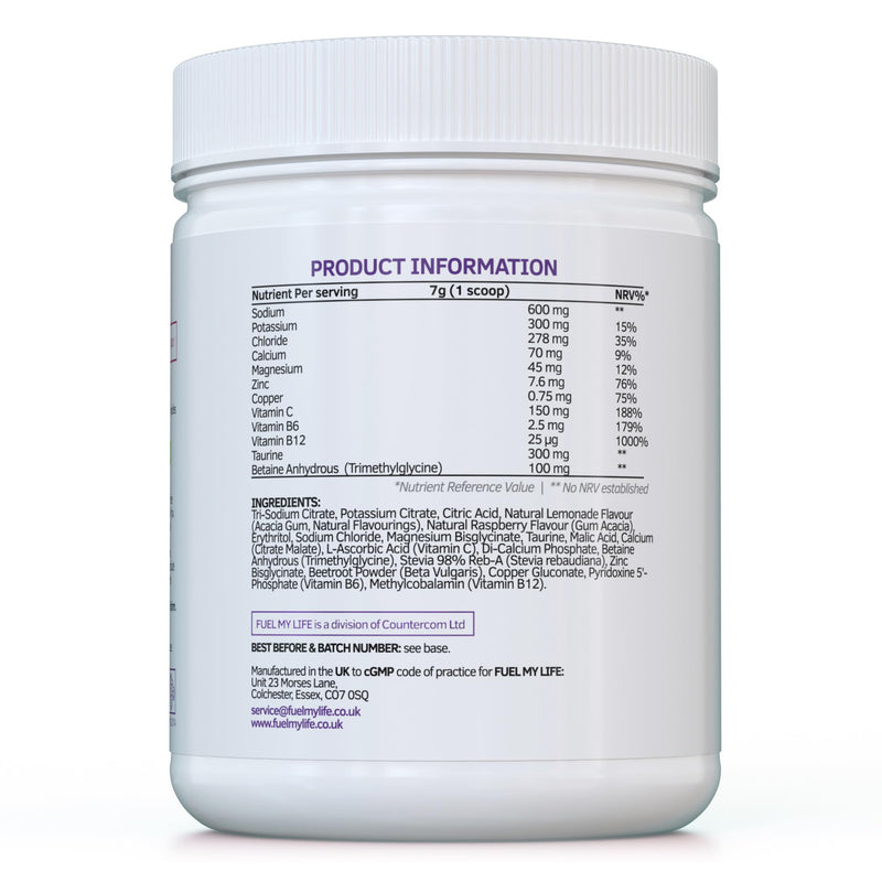 Electrolyte Powder with Osmolytes - Natural Raspberry Lemonade Flavour - 420g (60 Servings) - Sugar-Free with Vitamins & Minerals - Vegan - UK Made