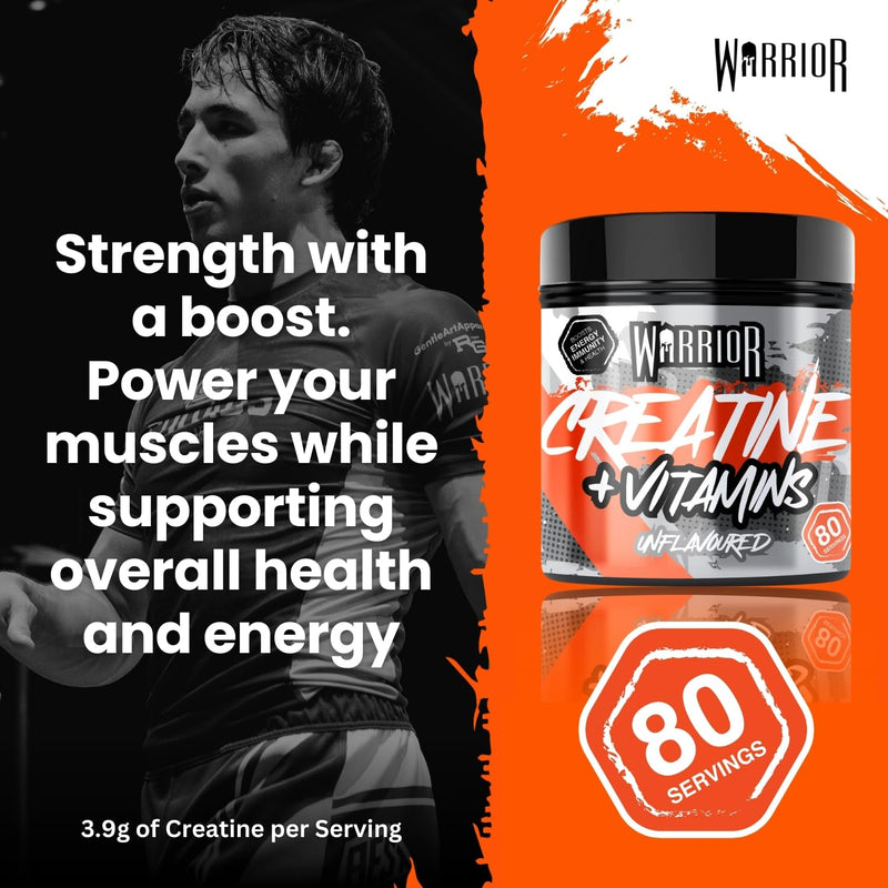 Warrior Creatine Monohydrate 360g (80 Servings) – Creatine Powder + Multivitamin with Magnesium & Vitamin D – All-in-One Gym & Sports Performance Formula for Strength, Muscle & Energy – Unflavoured